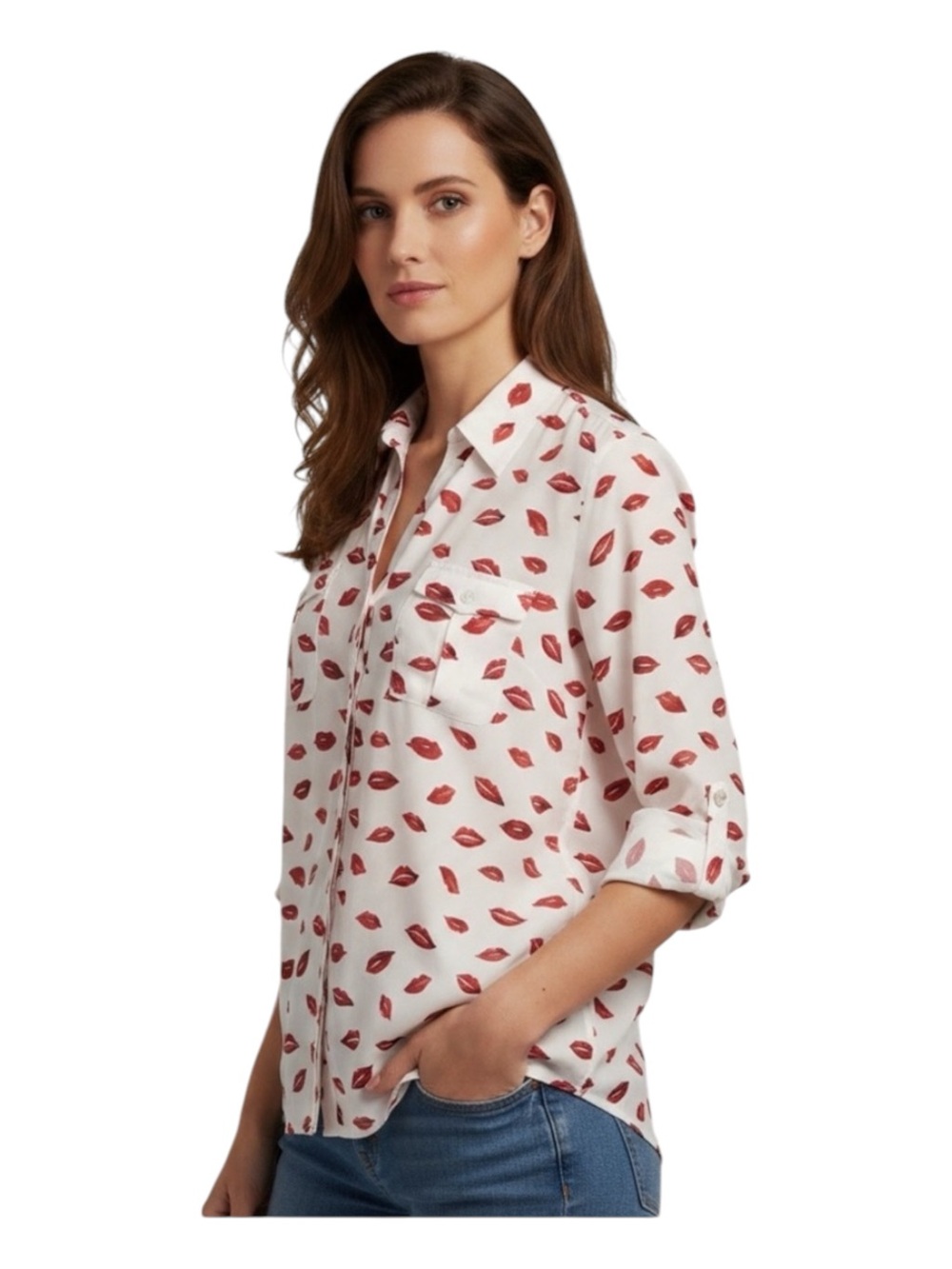 Joie Booker Kiss Lip Print White Red Button Down Roll-Tab Sleeve Blouse S